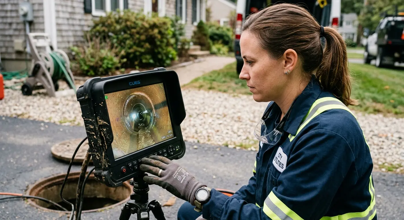 Technician reviewing sewer camera inspection footage in Rindge