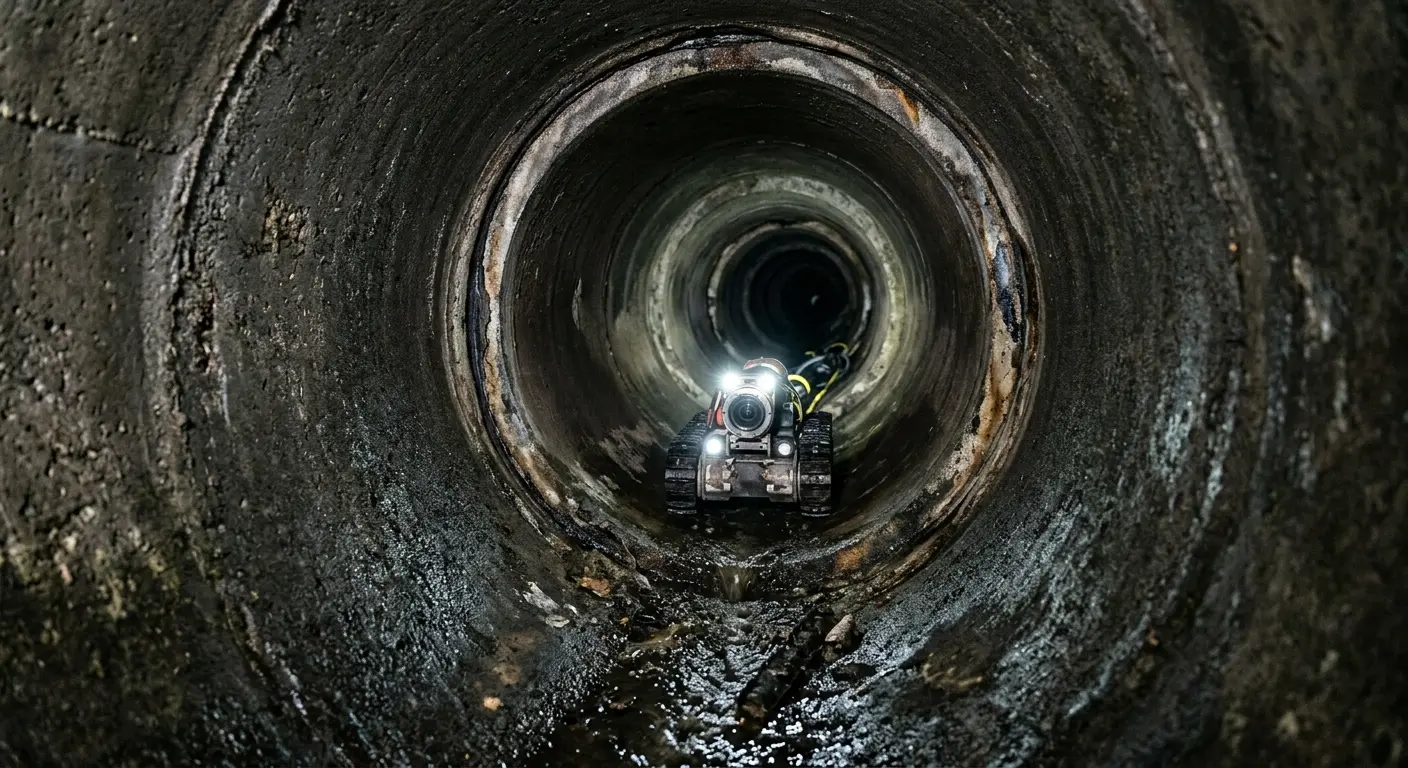 Robotic sewer camera inspecting pipe interior for Sewer Line Repair in Rindge