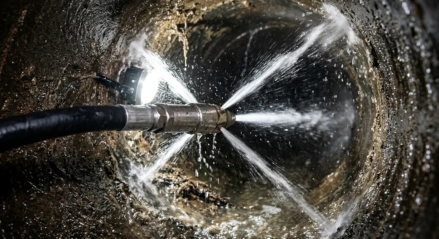 High-pressure hydro jetting nozzle cleaning sewer pipe for Trenchless Sewer Repair in Rindge