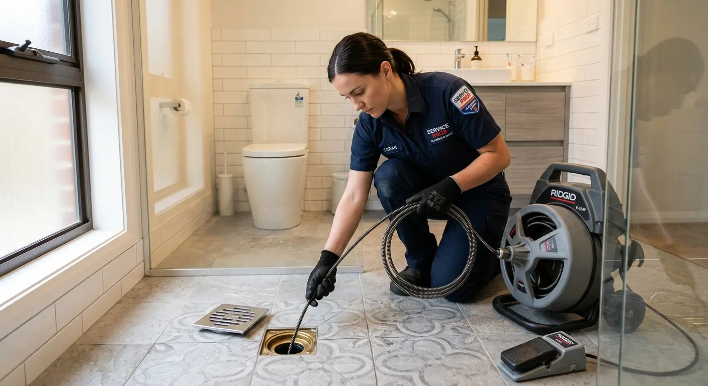 Technician clearing a bathroom floor drain for Sewer Line Replacement in Rindge